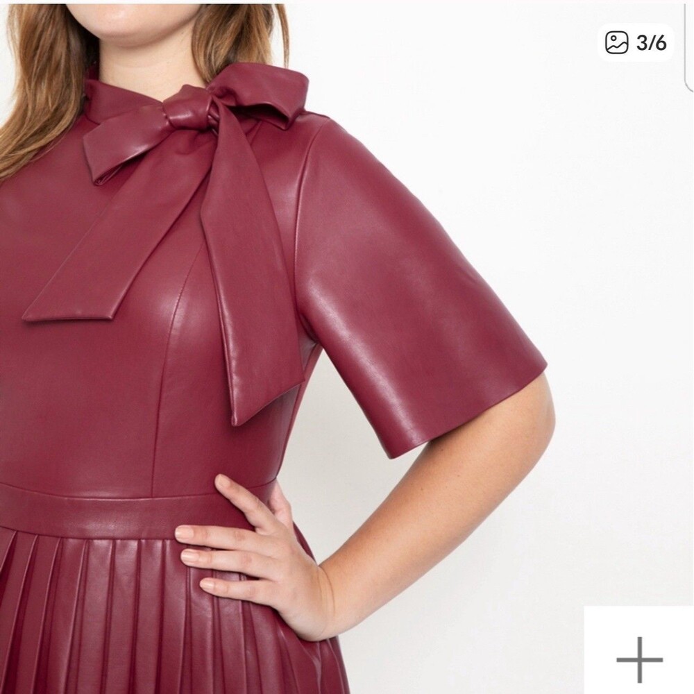 Eloquii Sz 16 Red Pleather Dress Bow Pleated Skirt - Picture 3 of 8
